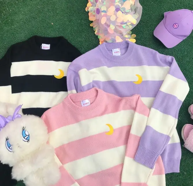 Женский свитер кавайная морская Луна вышивка Harajuku полосатый круглый вырез карамельных цветов длинный рукав вязаный свитер Ulzzang