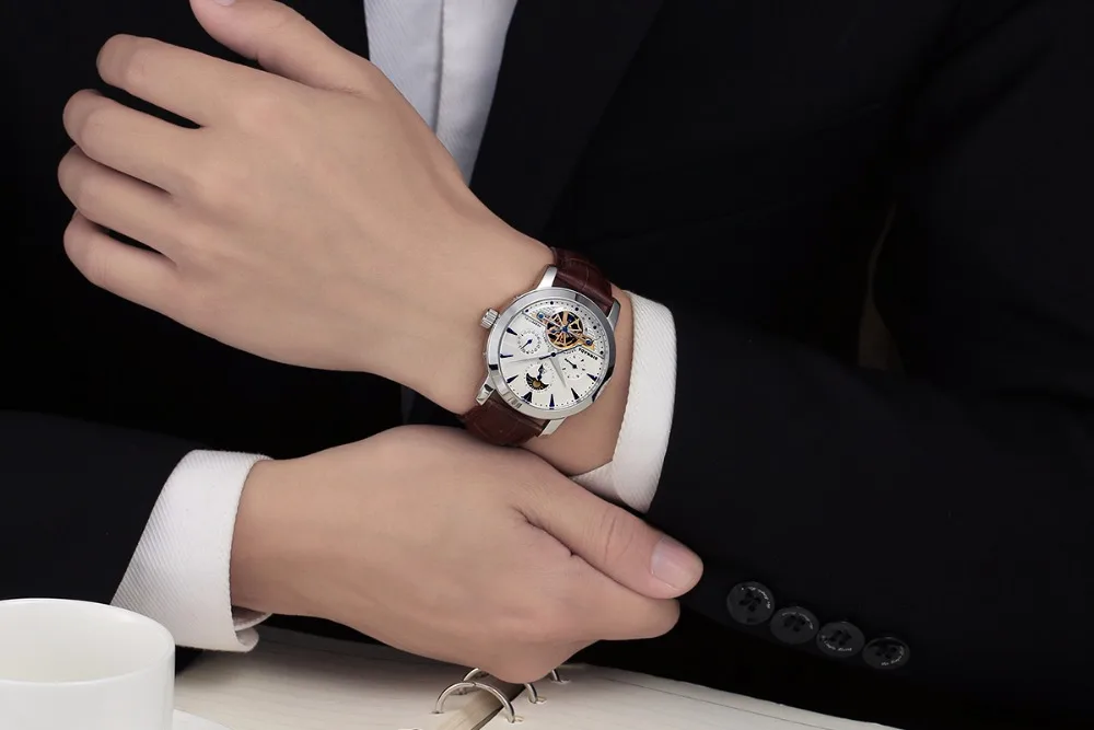 Скелет Бизнес Мужские автоматические часы Топ люксовый бренд спорт Tourbillon механические розовое золото повседневные само ветер BINKADA часы