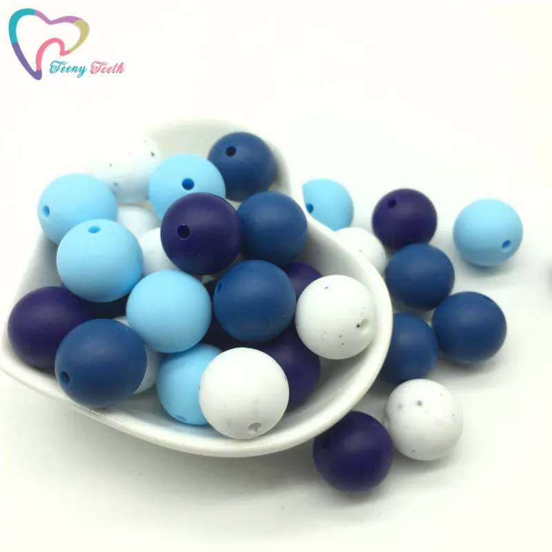 

Teeny Teeth 100 PCS Blue & Gritty Silicone Baby Teething Pacifier Beads 12-15 MM Nursing Chewing Round Silicone Necklace Beads