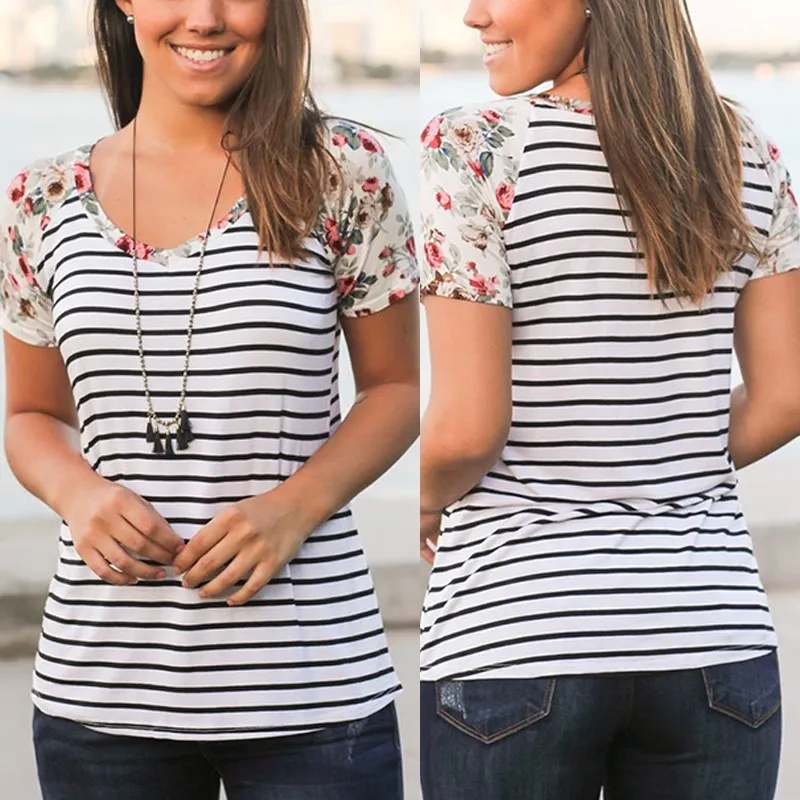 Повседневное в полоску Для женщин футболка лето 2017 г. patchwark принт короткий рукав o