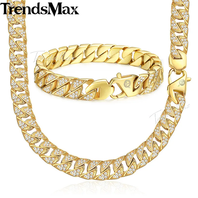 

Trendsmax Jewelry Set Paved Rhinestones CZ Miami Cuban Chain Men's Necklace Bracelet 316L Stainless Steel Gold Color 12mm KHS60