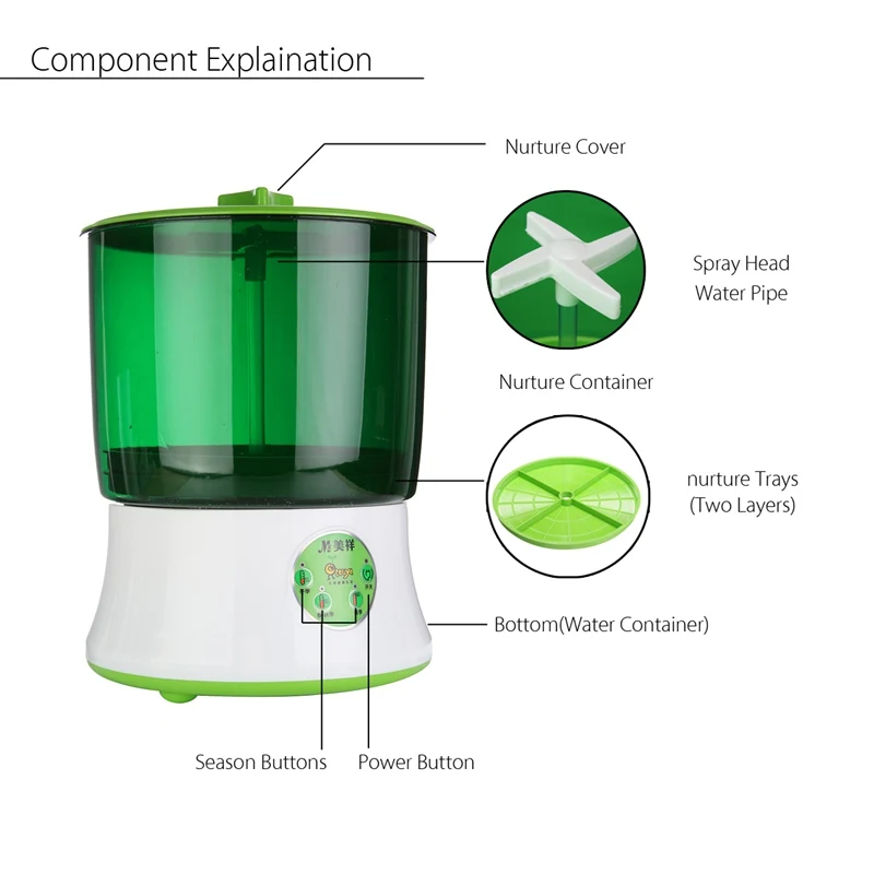 

Bean Sprout Machine Household Fully Automatic Double-Deck Thermostat Green Seeds Grow Automatic Bean Sprouts US Plug