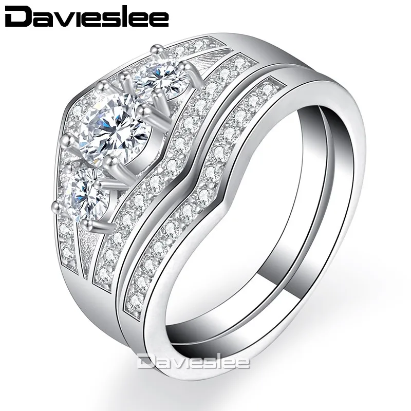 Davieslee леди женщин кольцо набор микро проложили cz 3 камень White Gold Filled GF Круглый