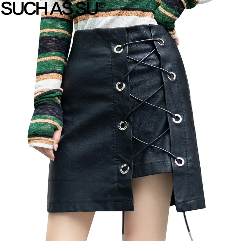 New Fashion PU Leather Asymmetrical Skirt Women 2018 Fall Winter Black Red Blue Lace-Up Mini Slim Irregular Female | Женская одежда