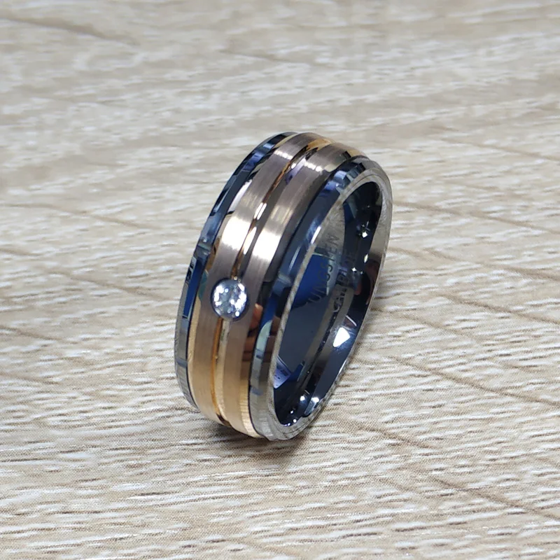 

Wholesale 8mm Men's Tungsten Carbide Wedding Ring with CZ Stone Rose Gold Silver Color