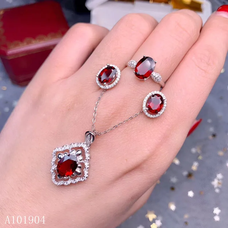 KJJEAXCMY boutique jewelry 925 sterling silver inlaid natural gemstone garnet female ring pendant earrings set support detection