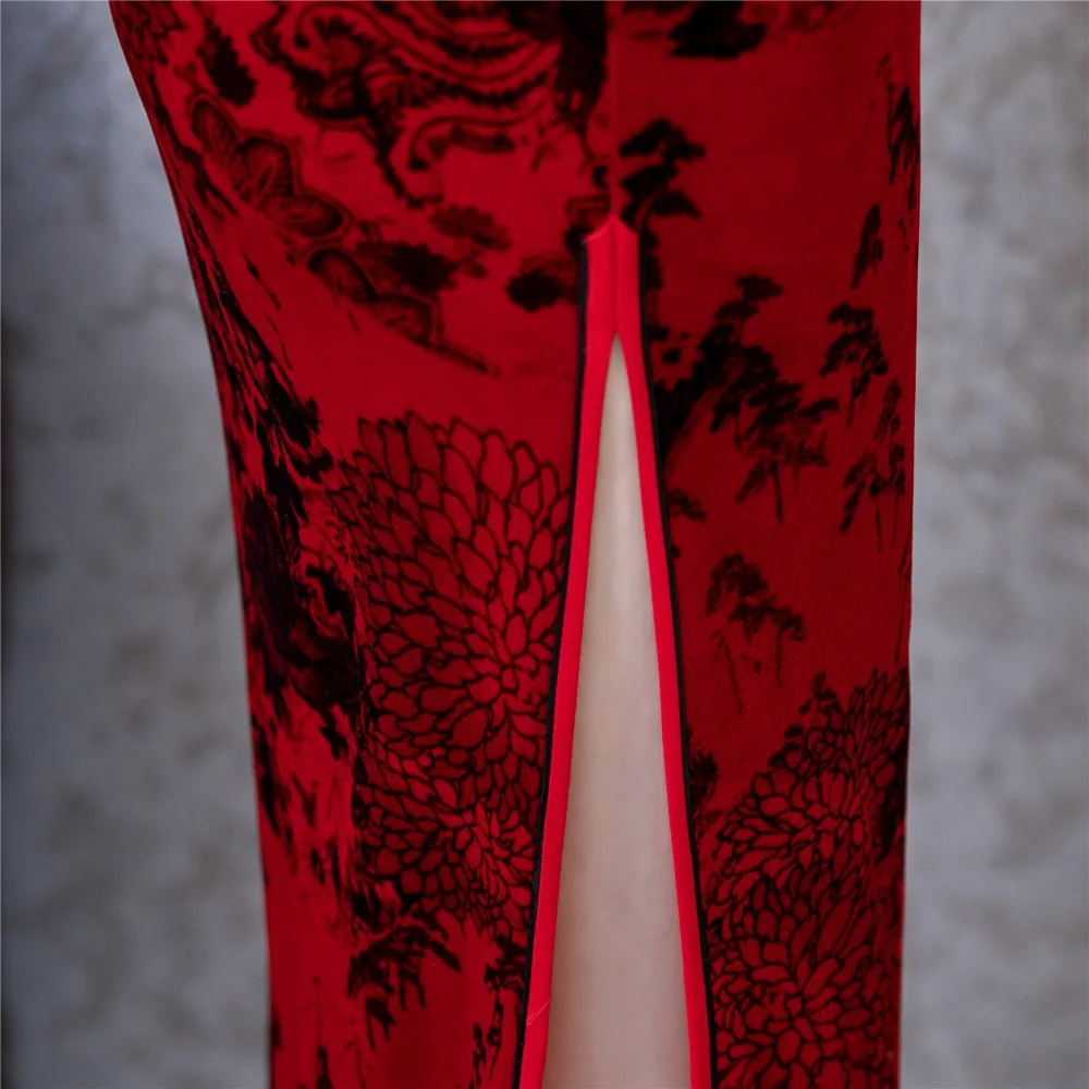 Шанхай история новая распродажа с длинным рукавом Винтаж Цветочный Qipao красный