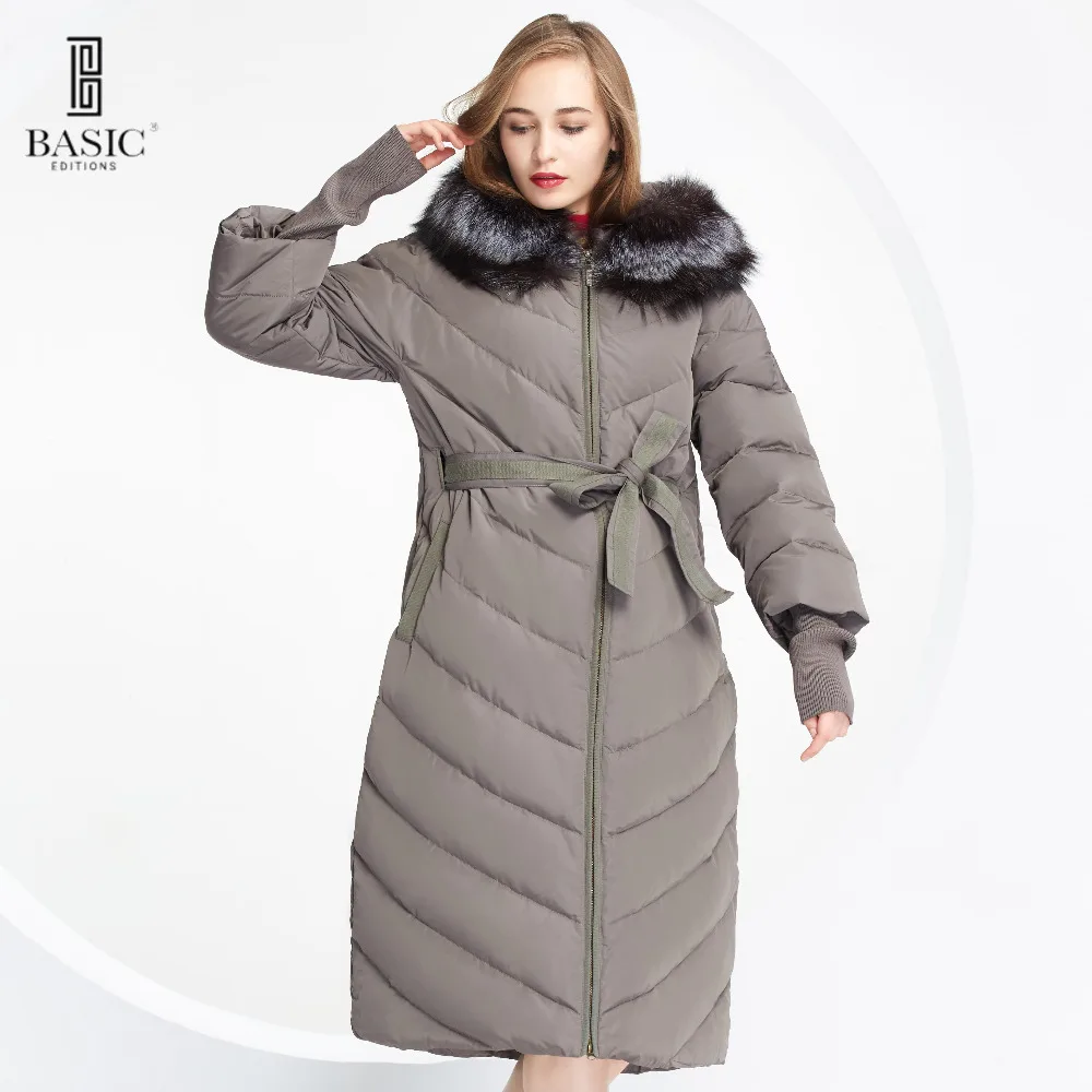 BASIC EDITIONS New Women Winter Long Parka Down Coat Fox Fur Hood Belt Wide Waist White Duck Jacket WY049 jacket down parka downduck down