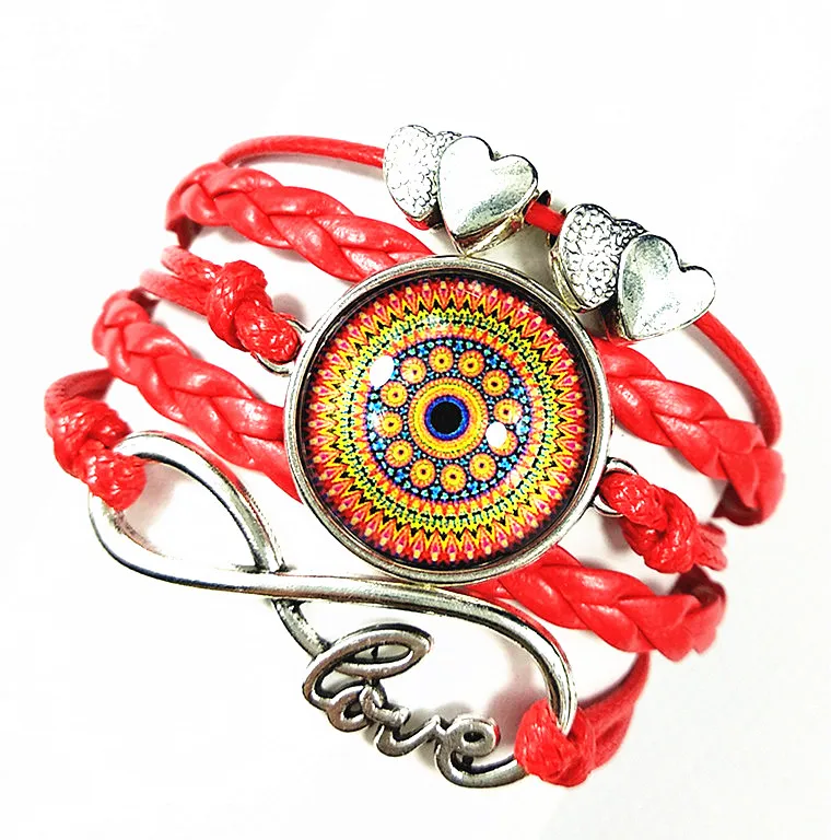

24pcs (6 styles) Infinite love henna bracelets Mandala Flower Art Glass Round Dome silver Charm bracelet for girls Women Jewelry