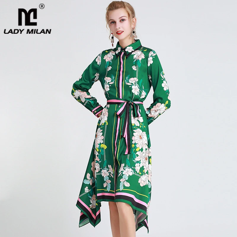 Women's Runway Dresses Turn Down Collar Long Sleeves Floral Printed Sash Belt Striped Asymmetrical Fashion Casual | Женская одежда