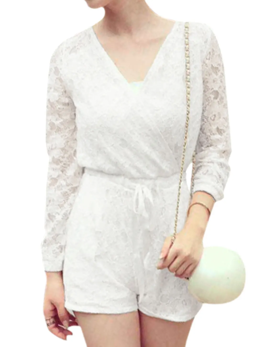 Allegra K Lady Strapless Tube Top W Drawstring Waist Two Pockets Lace Romper | Женская одежда