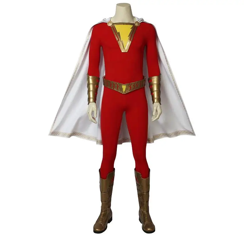 Костюм капитана Марвел шазама для косплея, комбинезон Billy Batson, плащ Zentai, Супергерой, реквизит для взрослых, наряд для вечеринки на Хэллоуин