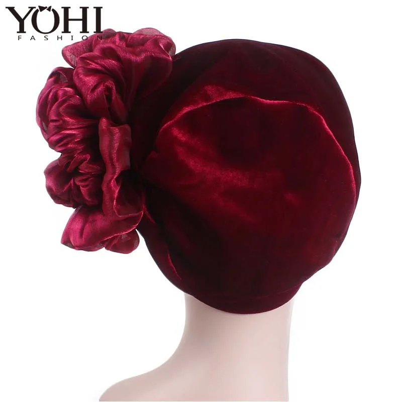

new fashion velvet hats vintage flower turban women headbands Muslim Islamic Turban Cap Turbante hair accessories