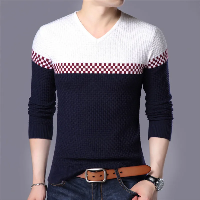 2018 Autumn Winter Brand Sweater Warm Wool Sweaters Casual Hit Color Patchwork V-neck Pullover Men Slim Fit Cotton | Мужская одежда