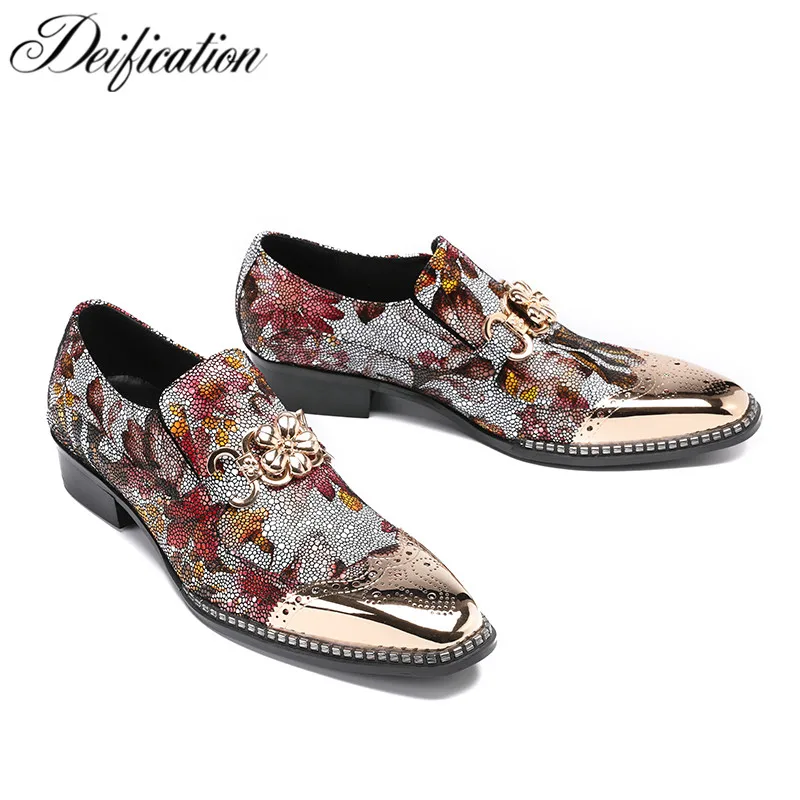 

Deification Fashion Print Zapatos Hombre Floral Studded Wedding Shoes Men Dress Shoes Genuine Leather Slip on Casual Men Loafers
