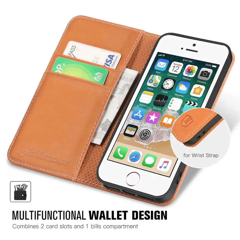 Чехол-бумажник SHIELDON для iPhone 5/5s/se【натуральная кожа; ID Holder【Card Слоты; kickstand【card holder】магнитная застежка