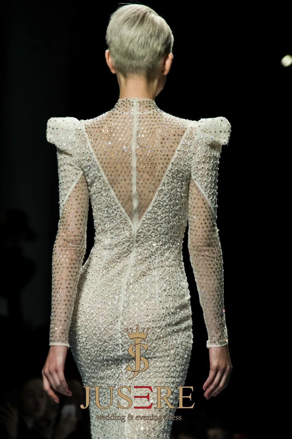 JUSERE FASHION SHOW High Collar Ivory Mermaid Wedding Dress Long Sleeve Beadeds Sweep Train Bridal Gowns Robe De Mariage | Свадьбы и