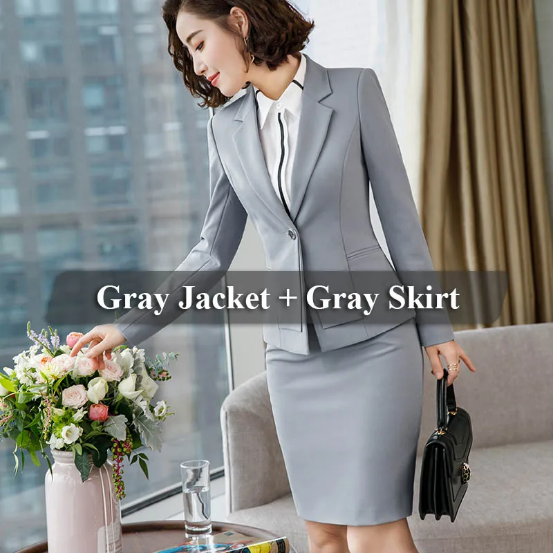 2 Pieces Gray Suit Lenshin комплект из 2 предметов с карманом для телефона для женщин формальная юбка костюм Офисная Леди Униформа Дизайн Мода Бизнес пиджак и юбка - Цвет: 2 Pieces Gray Suit