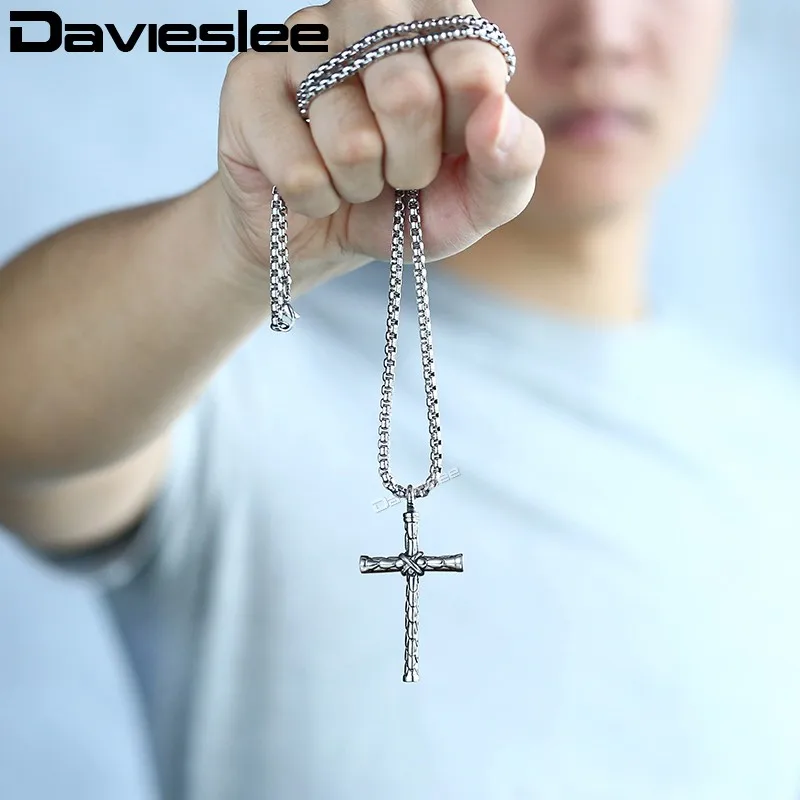 Ожерелье Davieslee для мужчин веревка крест кулон нержавеющая сталь коробка цепь