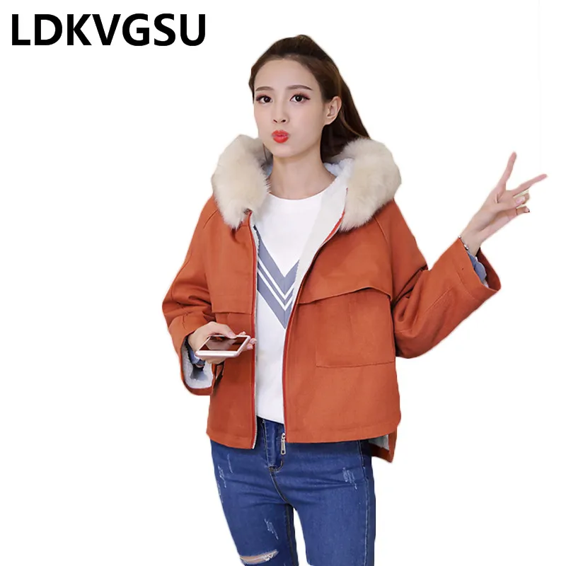 Зимняя куртка женская, Корейская, теплая, с меховым воротником, с капюшоном, однотонная, свободная, Женская парка, короткая, верхняя одежда ... от AliExpress RU&CIS NEW
