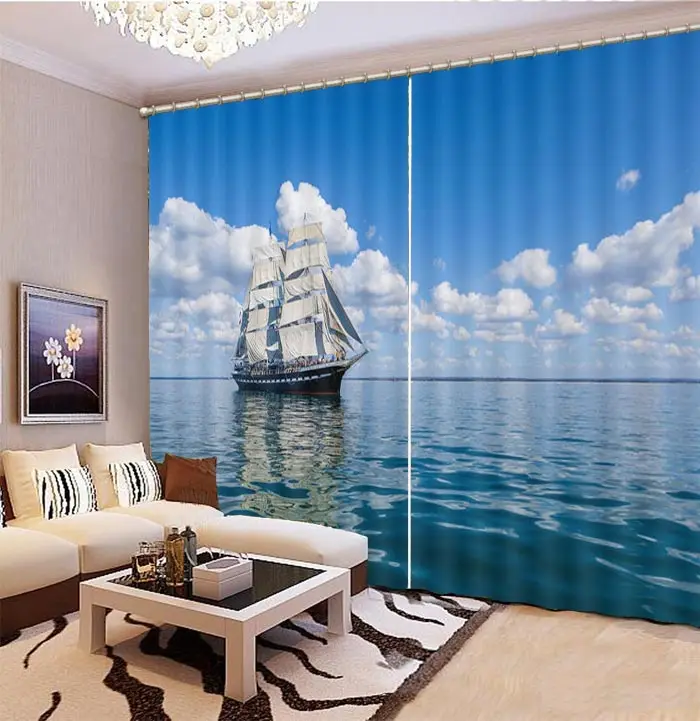 Парусная лодка пляж волна затемненные живописные фото 3D шторы для спальни дети