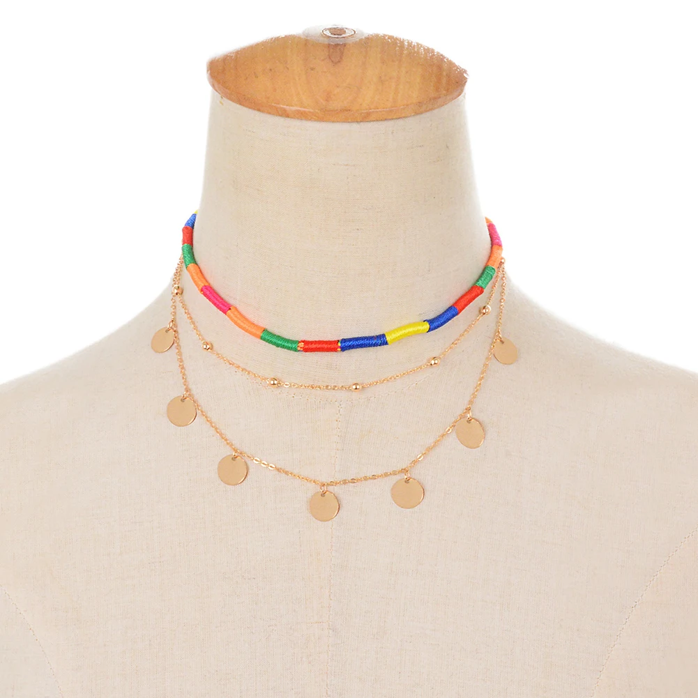 Этническая BOHO ювелирные изделия Multi Слои колье монета кулон красочные веревку