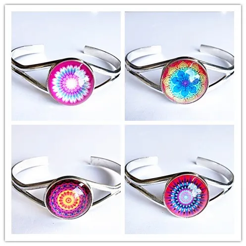 

1pc Mandala Flower Bandanna Paisley Ancient silver Bangle hand chain glass bracelets for girls women