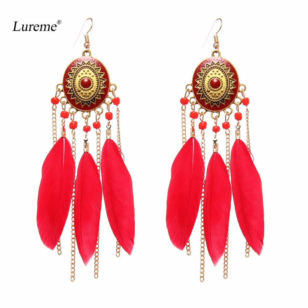 Lureme Vintage Disk with Beads Long Chain Feather Tassel Dangle Earrings for Women Ethnic Jewelry Earing (er005479) | Украшения и