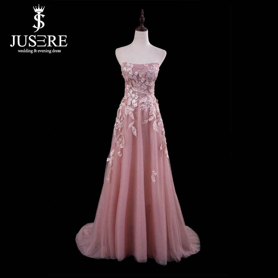 

vestido de festa Jusere Long Prom Dresses Lace Appliques Strapless A-Line Zipper Back Floor Length Formal Party Dress