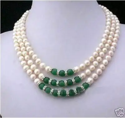 

3 rows of 7-8 mm white Akoya Pearl and green Chains and Necklaces Free shipping