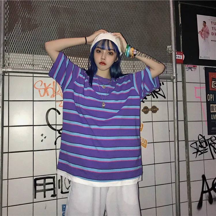 Корейская версия ulzzang 2019 летняя футболка женская фиолетовая полосатая с