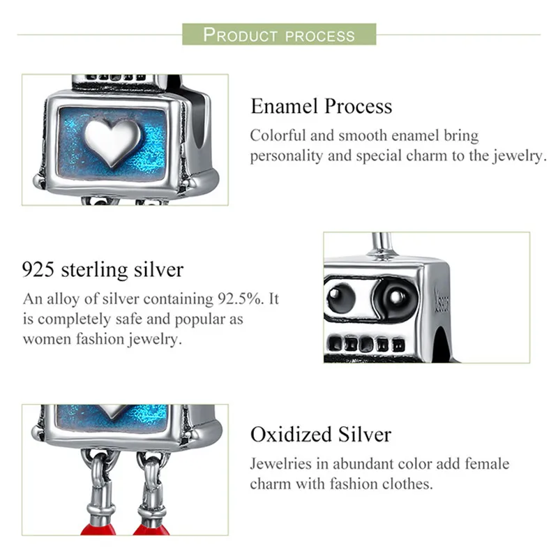 New DIY 925 Sterling Silver Heart Carved High Technology Cute Small Robot Charm Beads fit Trendy Bracelet for Women Anniversary | Украшения