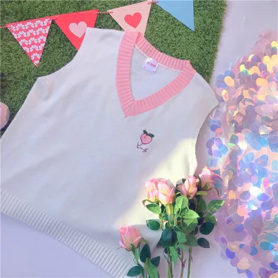 Peach vest Осень-зима, Женский пуловер, Студенческая форма, персиковый, клубничный, с вышивкой, белый вязаный жилет, свитер с v-образным вырезом - Цвет: Peach vest