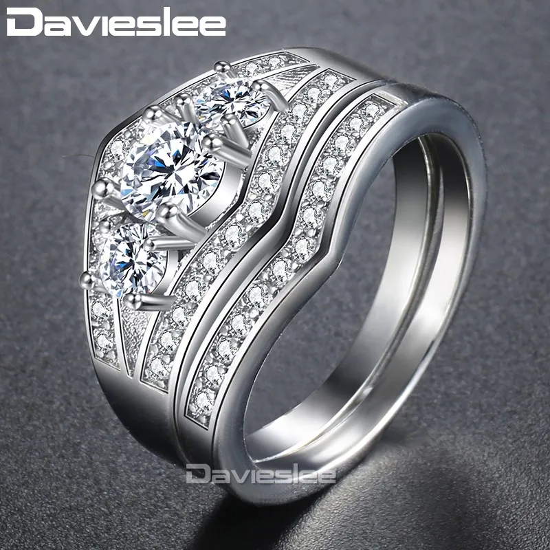 Davieslee леди женщин кольцо набор микро проложили cz 3 камень White Gold Filled GF Круглый