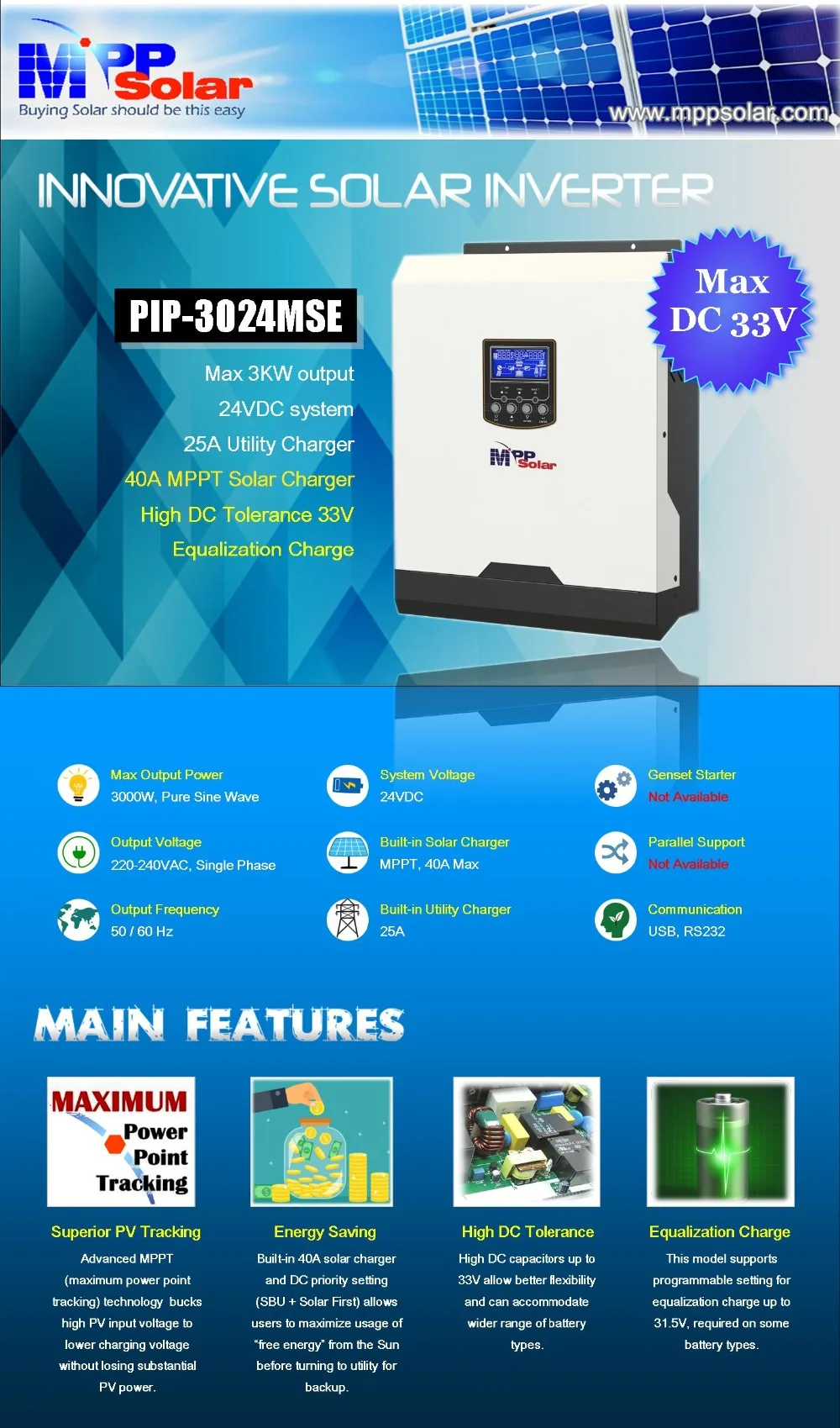 MSE) солнечный инвертор 3kva 3000w 24v 230Vac+ 40A MPPT Солнечное зарядное устройство+ зарядное устройство для батареи Чистая синусоида