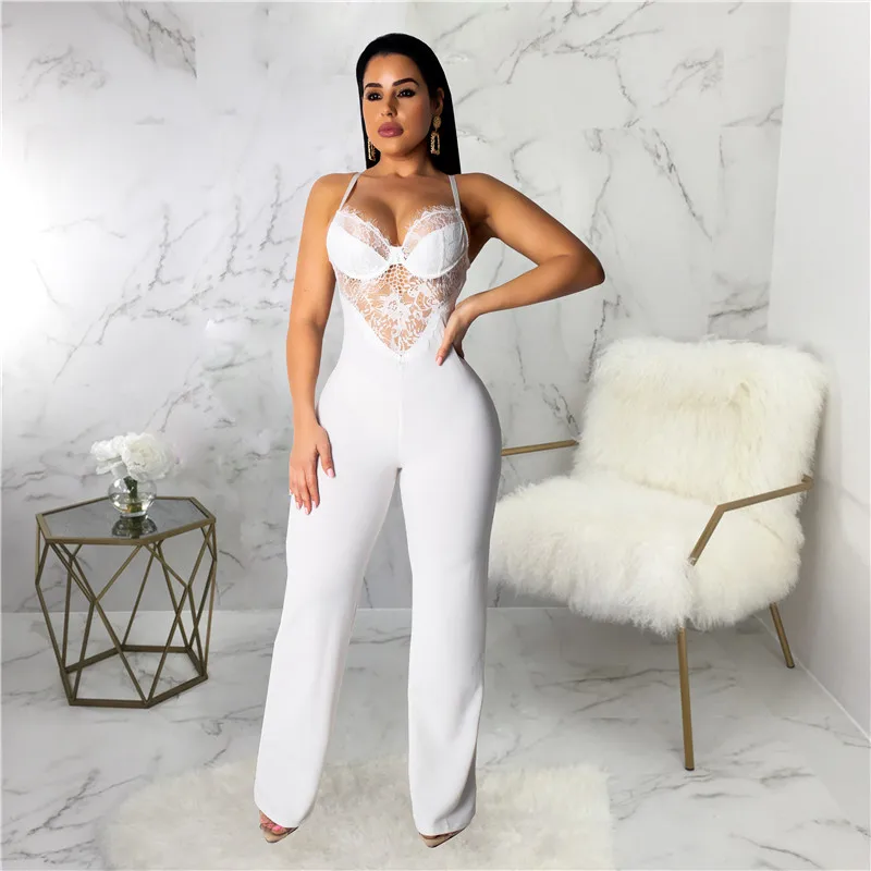 

Rompers Jumpsuit Lace Stitching Bell Sleeveless Straight Leg Women Jumpsuits Hollow Out Sexy Clubwear Womens jumpsuit Pants