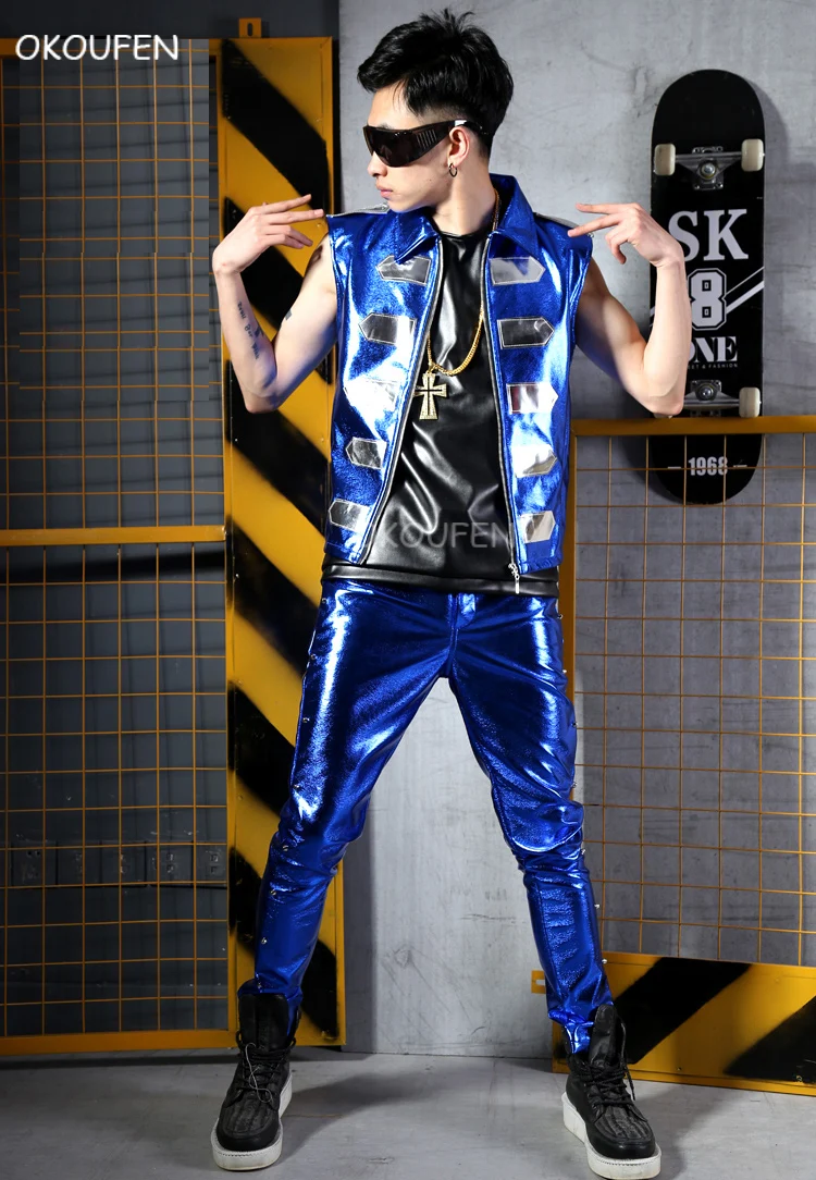

Men Blue cool Fashion PU vest male singer DJ stage show costumes nightclub bar singer dance wear performancecostume