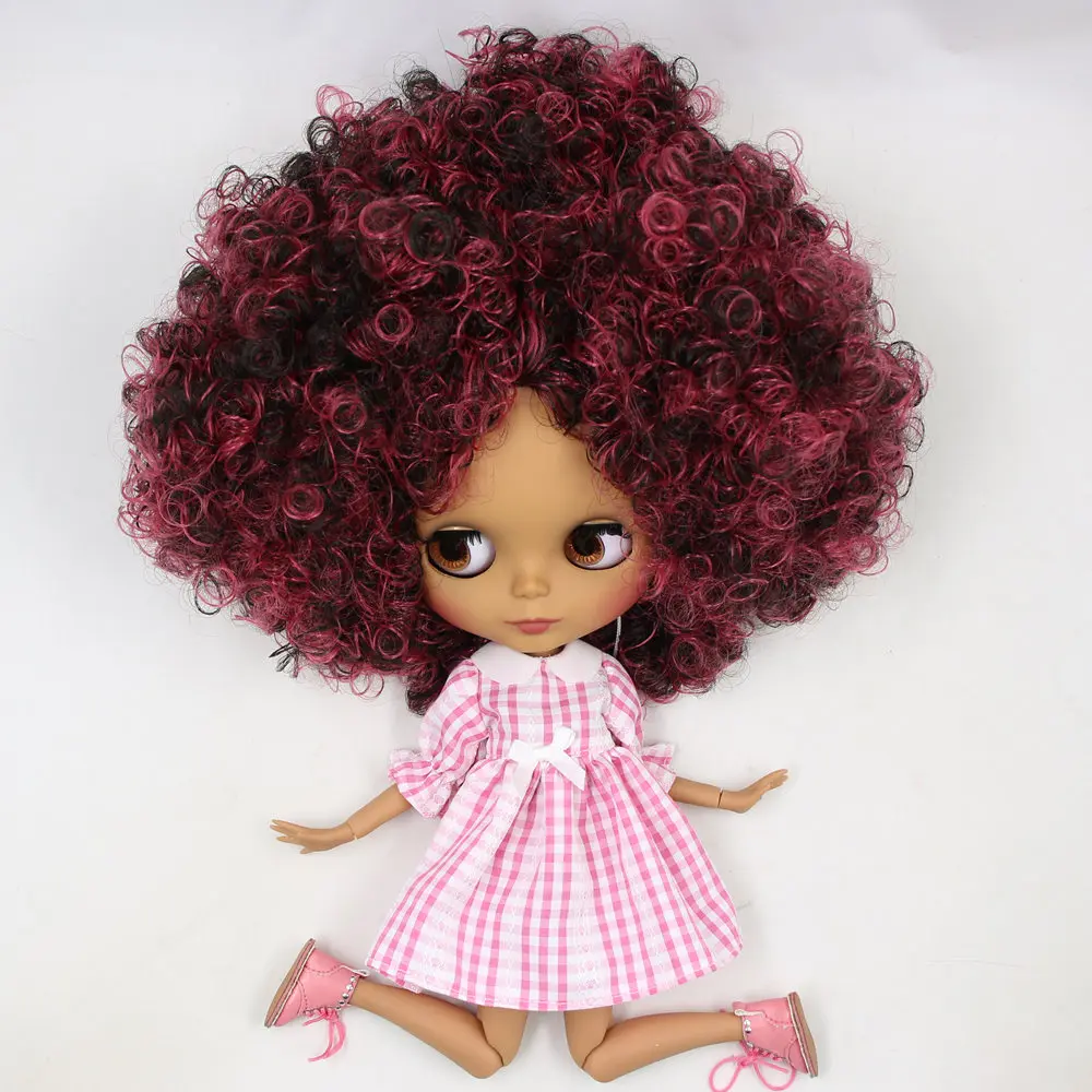 Кукла Blyth ICY DBS № QE155/9103 винно красная микс черные афро волосы Черное Матовое лицо