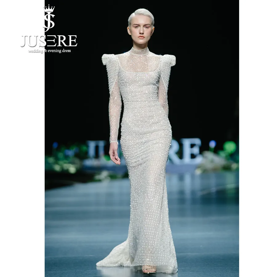 JUSERE FASHION SHOW High Collar Ivory Mermaid Wedding Dress Long Sleeve Beadeds Sweep Train Bridal Gowns Robe De Mariage | Свадьбы и
