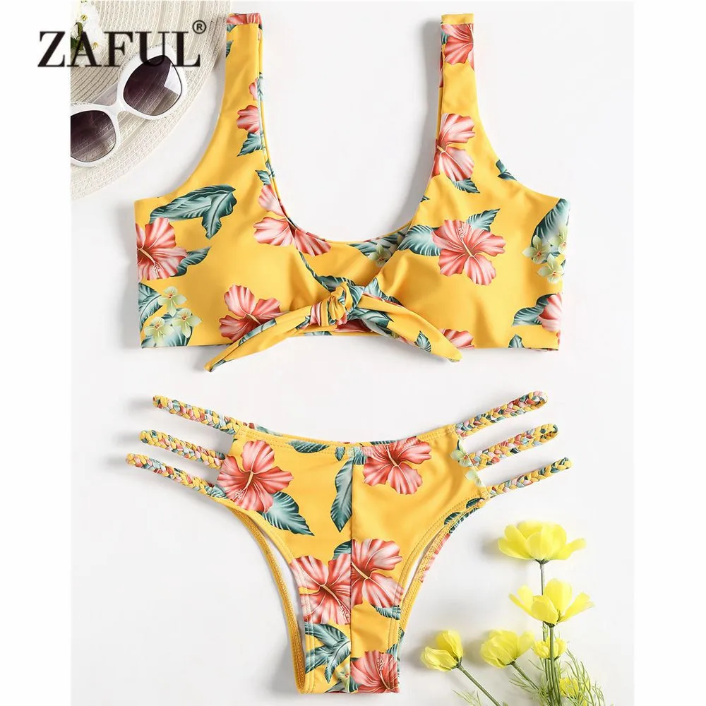 Женский купальник бикини ZAFUL с узлом цветочным рисунком вырезами бра для