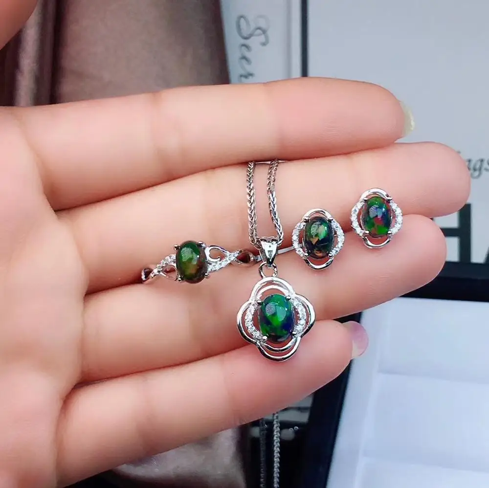 KJJEAXCMY boutique jewelry 925 sterling silver inlaid natural gemstone black Opal female ring necklace pendant earrings set supp | Украшения