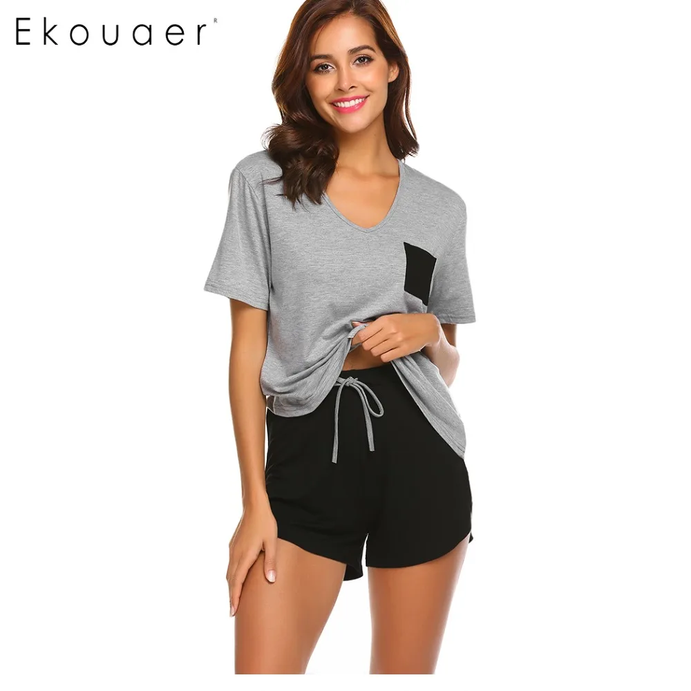 Женская пижама Ekouaer Хлопковая с коротким рукавом на весну и лето|cotton nightwear|cami setstank