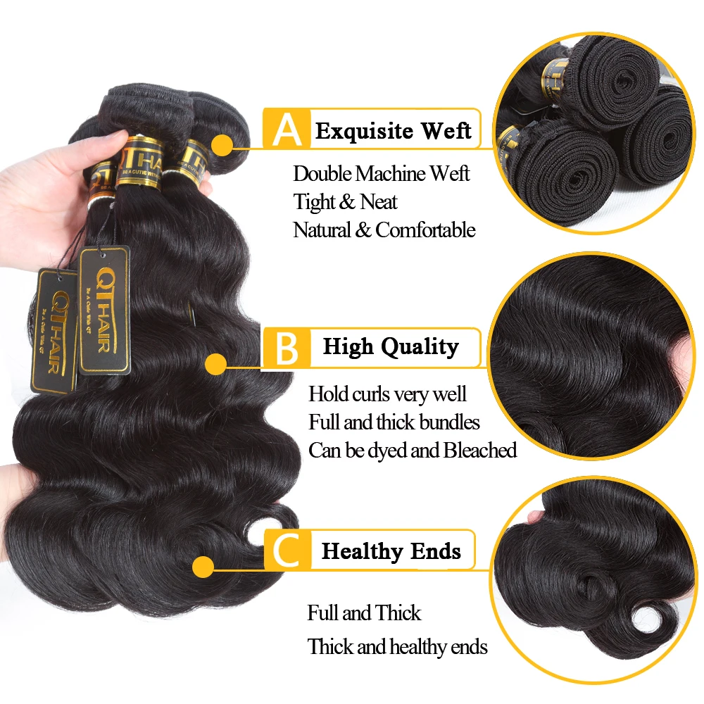 QT Hair Human Weave Bundles With Closure Brazilian Body Wave Lace 3 2*6 Remy Hair|3/4 пучка на сетке| |