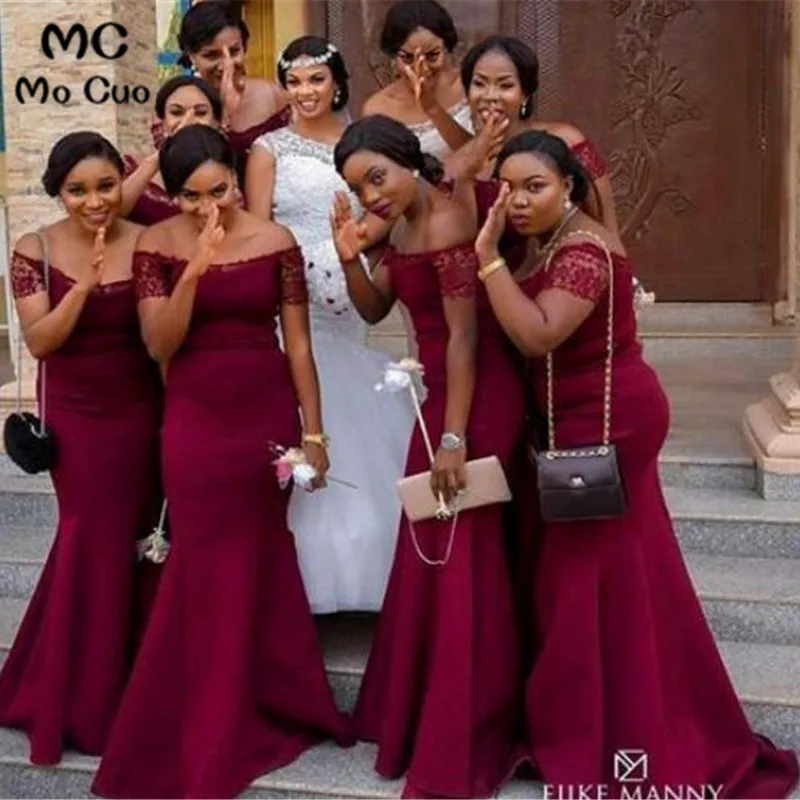 

South African In Stock Mermaid Off Shoulder Bridesmaid Dresses Long Wedding Party Dress Arabic Burgundy Lace Bridesmaid Dress