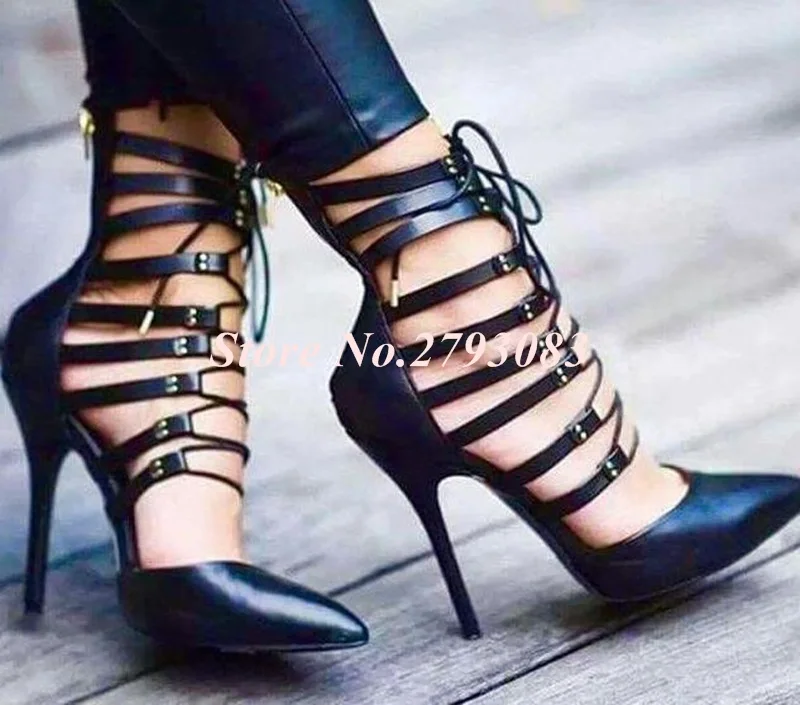 Летняя пикантная черная кожаная обувь в римском стиле сандалии-гладиаторы