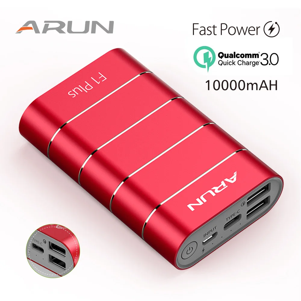 ARUN 10000 мАч Зарядное устройство QuickCharge 3 0 Интеллектуальный внешний аккумулятор type c