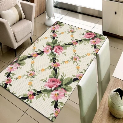 

Else Cream Floor Tiles Pink Flowers Green Leaf 3d Print Non Slip Microfiber Living Room Decorative Modern Washable Area Rug Mat