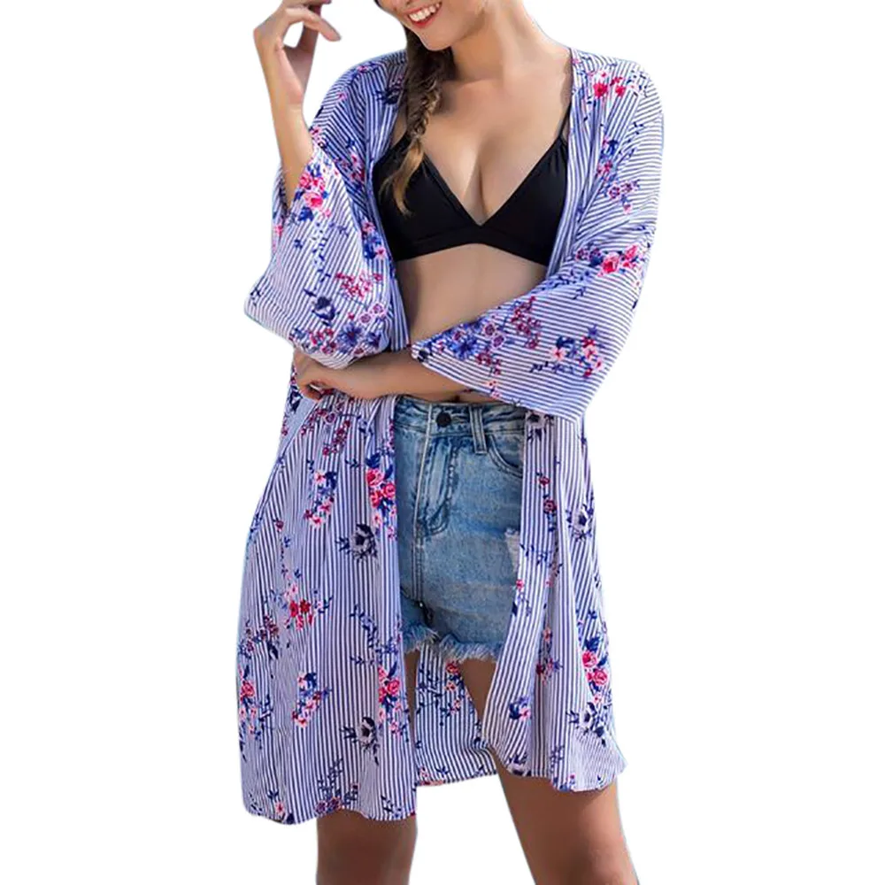 Boho кимоно Для женщин шифон Strped принтом Длинная блузка Кардиган Новая мода 3/4