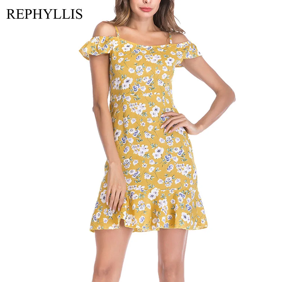 REPHYLLIS Для женщин коктейльное платье с открытыми плечами на бретелях оборками