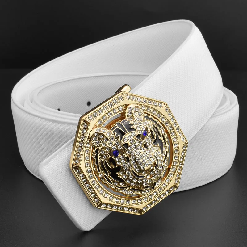 White Golden buckle Высокое Качество тигровый ремень мужской модный ремень с пряжкой широкий ремень из коровьей кожи Повседневный Роскошный пояс для мужчин пояс из натуральной кожи - Цвет: White Golden buckle